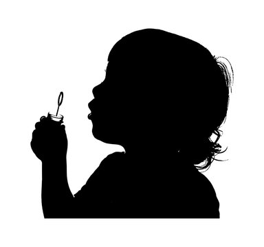 Silhouette of a small child blowing soap bubbles isolated on transparent background, Vector