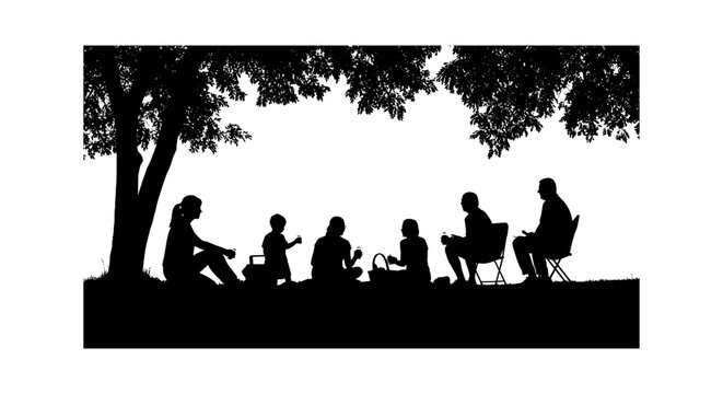 Black silhouette of a happy family having a picnic and relaxing together sitting under a large tree in a park isolated on transparent background, Vector