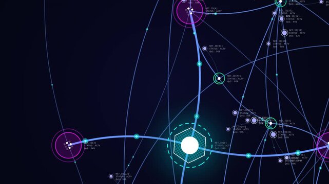 Futuristic network topology map with glowing nodes and data transmission HUD interfaces