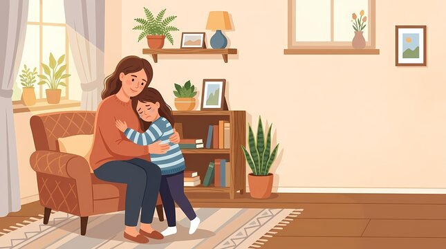 Loving mother hugging her young daughter in a cozy living room setting.