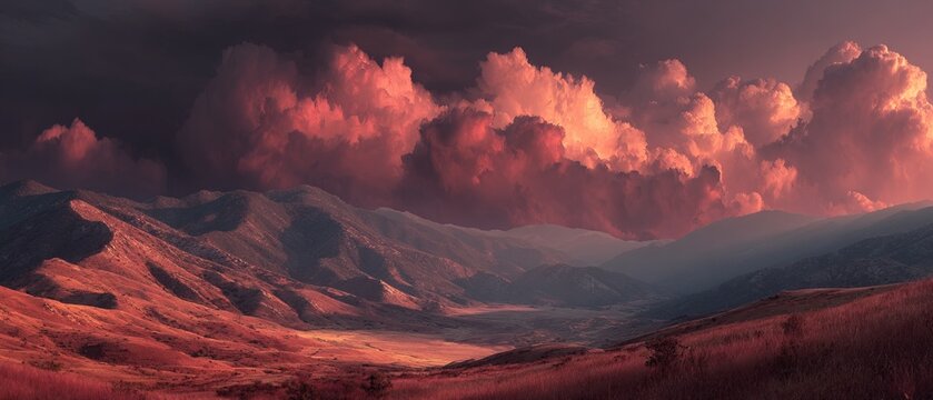 Dramatic Landscape Painting with Fiery Clouds and Rolling Hills.