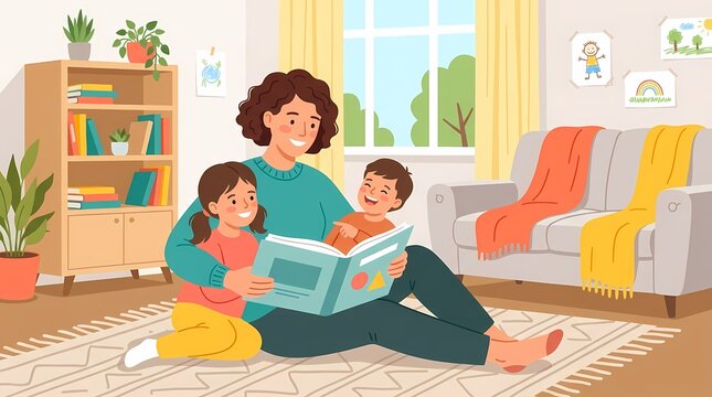 Mother Reading Storybook to Children at Home.