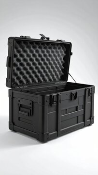 Black rugged transport case with protective foam interior, open