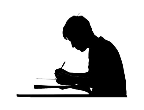 Silhouette of a male student writing with a pen in a notebook while studying at a desk isolated on transparent background, Vector