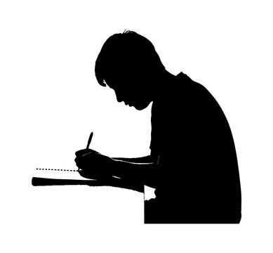 Silhouette of a young man writing in a notebook with a pen isolated on transparent background, Vector