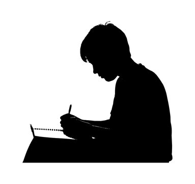 Black silhouette of a young student boy sitting and writing with a pen on a notebook isolated on transparent background, Vector