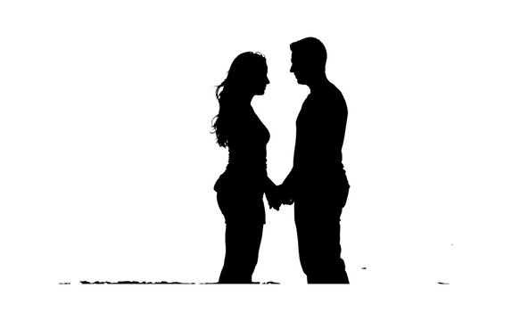 Silhouette of a young man and woman standing together holding hands and looking at each other with love isolated on transparent background, Vector