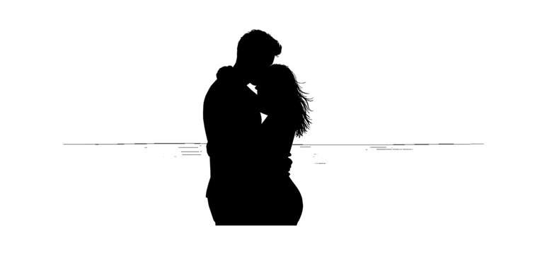 Silhouette of a romantic young couple embracing and hugging each other on a beach at sunset isolated on transparent background, Vector
