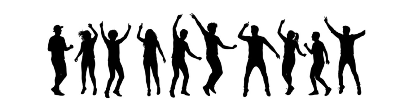 Group of happy people jumping and dancing together in a joyful celebration silhouette isolated on transparent background, Vector