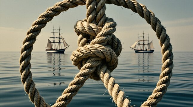 Thick rope knot creates circle frame around vintage wooden sailing ship on calm ocean water. Nautical marine gear texture foreground focuses clear view of naval vessel. Traditional maritime adventure
