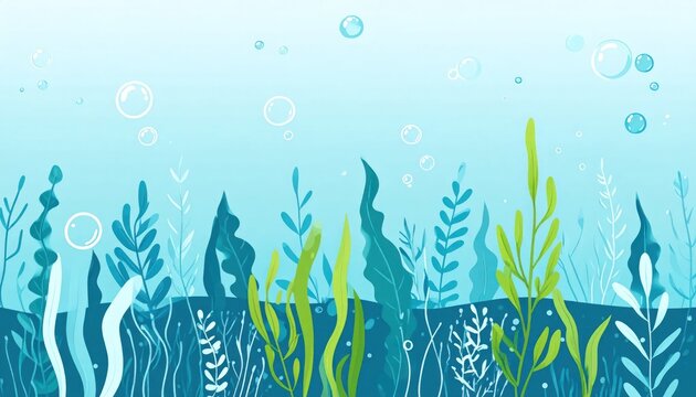 Abstract underwater seaweed vector background with bubbles.