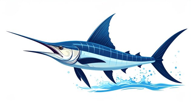 Blue marlin swordfish jumping from splashing ocean water illustration.