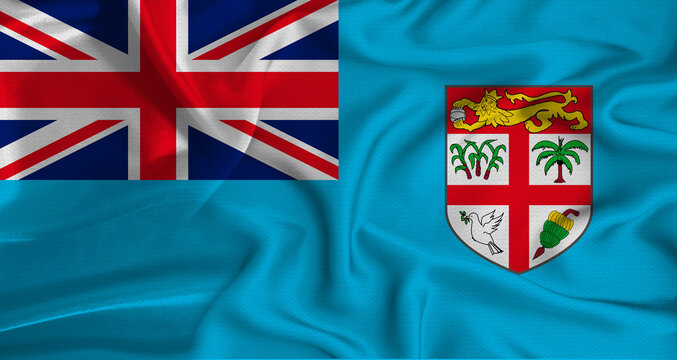 Realistic Fiji flag waving. Close up of flag of Fiji with cloth texture