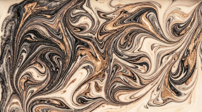 Marbled paper texture with gold and black swirls, elegant liquid marble background, antique ebru art pattern for luxury stationery and bookbinding