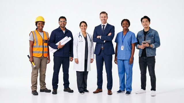 Diverse group of professionals in uniform representing various industries like construction healthcare and business standing together on white background