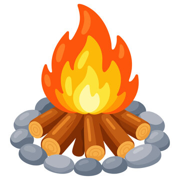 Campfire with burning logs for outdoor camping and evening gatherings