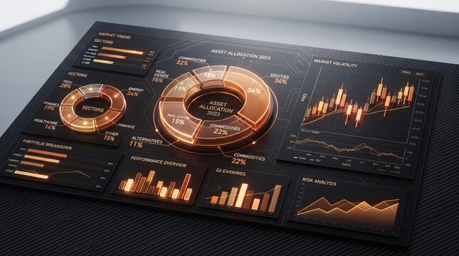 Futuristic financial dashboard with glowing amber data visualization, 3D asset allocation charts and stock market graphs, high-tech business analytics interface