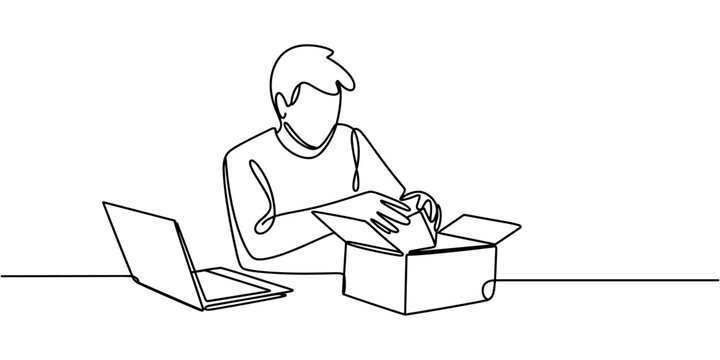 Online Seller Packing Product in Box with Laptop, Continuous One Line Drawing