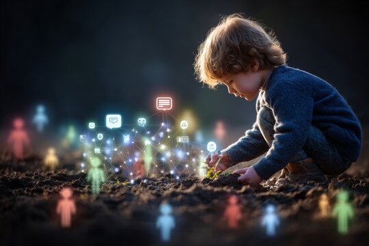 Sunshine and soil: the joys of outdoor playtime. Networking people silhouettes. Curious child planting a seed under the warm glow of the sun. Online networking idea.