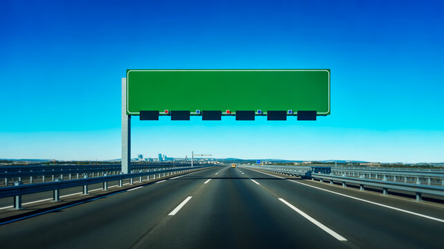 Empty Green Highway Directional Sign Over a Long Open Road Under Clear Blue Sky