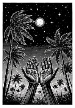Celestial Offering: Palms outstretched to the starlit, moon-kissed sky, a vision of reverence woven in ink and shadow.