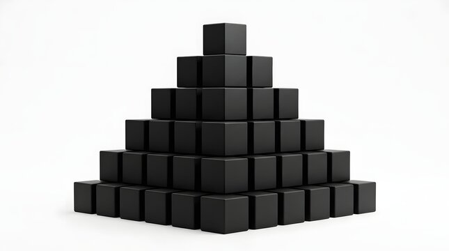 Many small black cubes stacked in a neat pile isolated on a white background for business, growth, and team building concepts