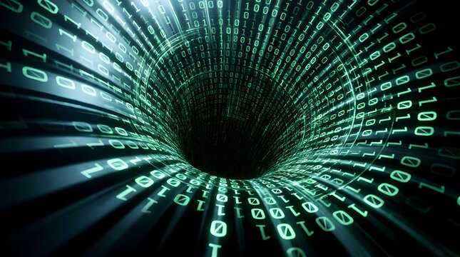 Futuristic binary code tunnel representing AI technology and big data streaming through cyberspace