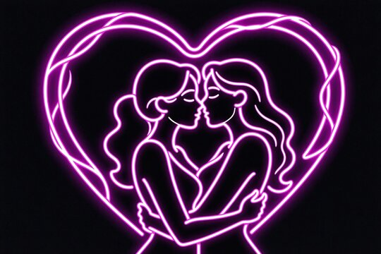 Neon line art shows two women kissing inside a heart shape. Their bodies embrace closely in a tender moment. The glowing outline art is set against a black background.