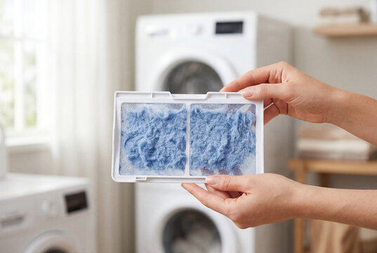 Hands holding white dryer filter covered in thick blue lint with laundry machine behind