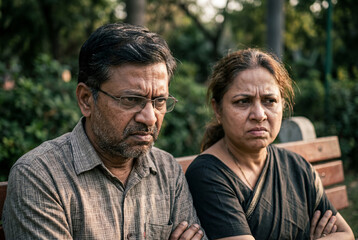 Fototapeta premium Serious senior indian couple sitting together on park bench