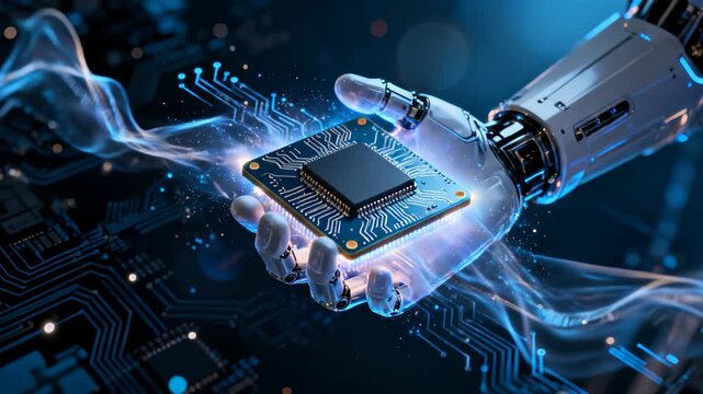 Robotic hand holding a futuristic microchip with circuit board background and glowing blue digital light effects for artificial intelligence technology