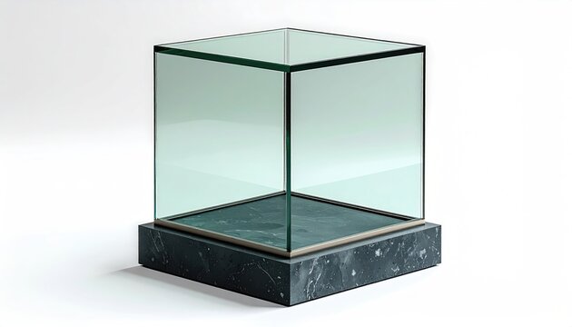 Transparent glass cube showcase on a dark marbled base