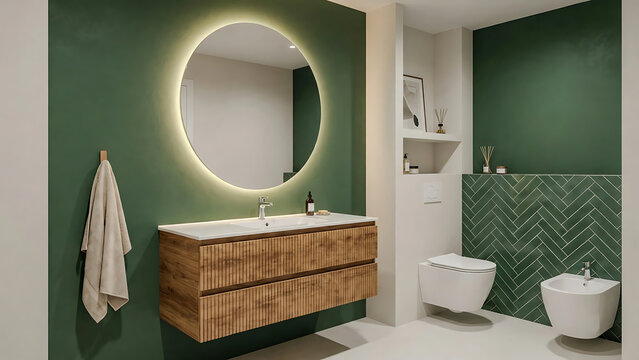 Modern bathroom interior with green walls. Luxury vanity with round LED mirror and wood.