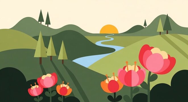 Stylized landscape illustration with flowers and hills