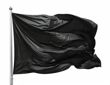 A stark, black flag flutters and ripples against a white background