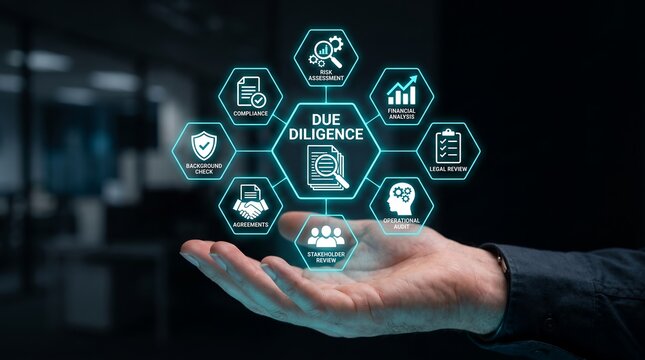 Business person holding virtual glowing infographic diagram featuring due diligence risk assessment compliance financial analysis legal review agreements operational audit and stakeholder