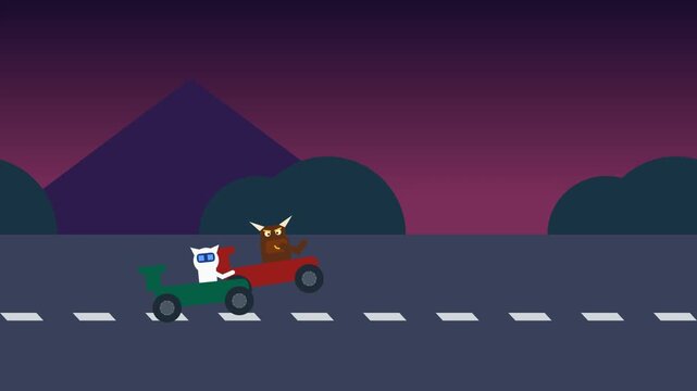 2D flat animation of a kart race at night between a robot and a bull character where the robot uses a rocket booster to overtake and win