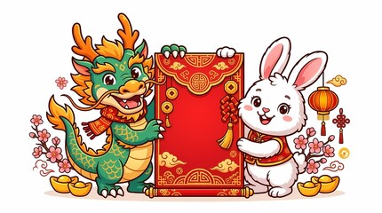 Naklejka premium Cute Dragon and Rabbit Holding a Red Chinese New Year Scroll.