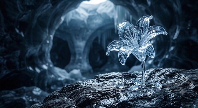 Beautiful transparent glass lily flower blooming on a freezing rock inside a dark blue ice cave