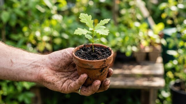 Dirty hand holding oak sapling in clay pot.