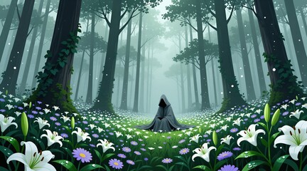 Fototapeta premium Mysterious figure in dark cloak sits inside misty forest filled with white lilies, purple flowers. Fantasy person meditates among blooming flora during quiet morning light. Calm scene in woodland