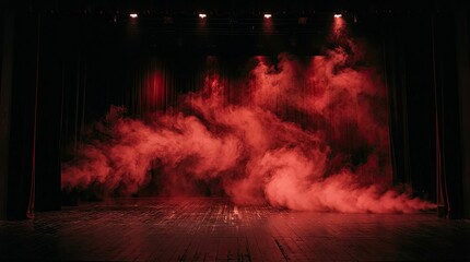 Obraz premium Dramatic red smoke on empty theatrical stage.