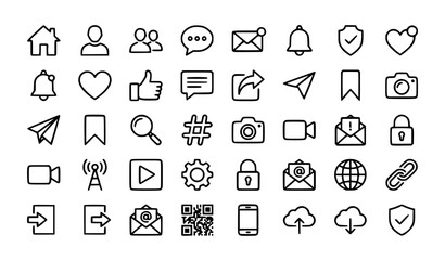 Fototapeta premium Black and White Social Media Line Icon Set Digital Communication Editable Stroke Vector Collection