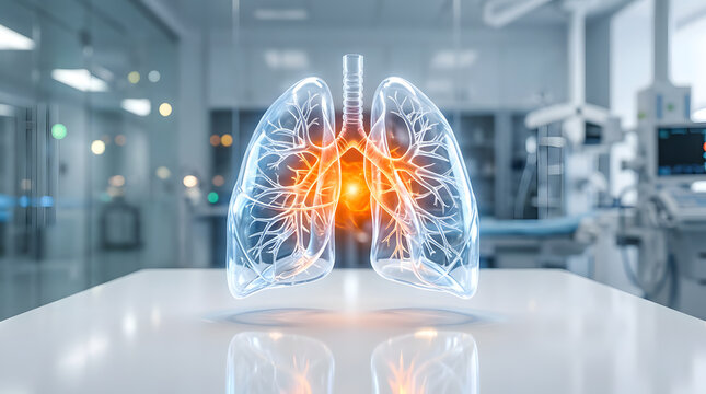 3D holographic human lungs in medical laboratory.