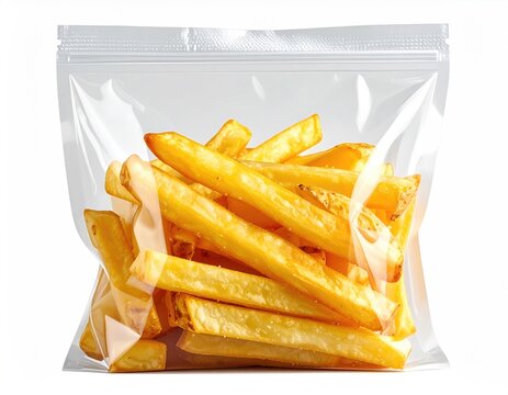 Crispy golden fries are neatly piled inside a clear resealable plastic bag