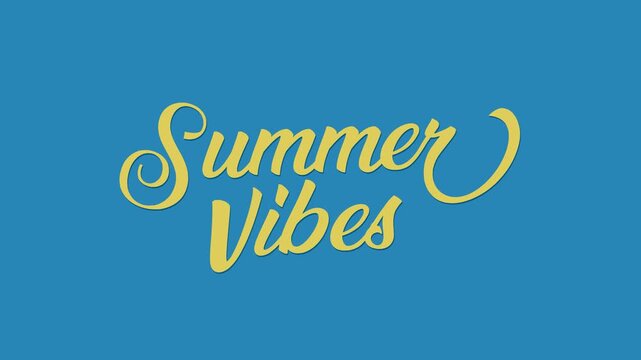 Text animation with bright yellow cursive summer vibes typography on a blue background. Ideal for social media posts or promotional videos.