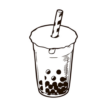 Boba Milk Tea Plastic Cup with Tapioca Pearls and Straw Line Art Vector Illustration for Bubble Tea Shop Menu, Cafe Poster, and Beverage Packaging Design