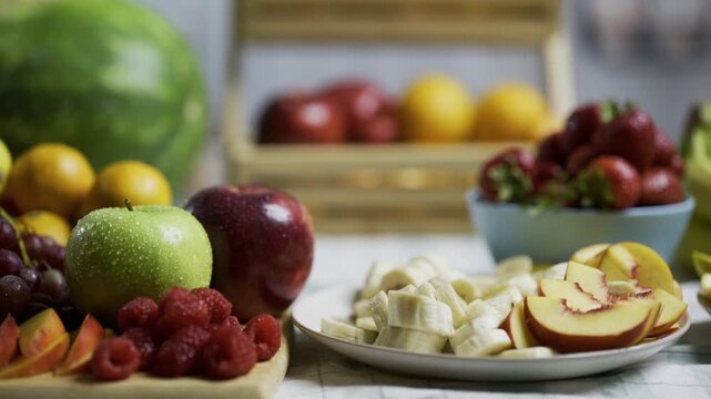 Colorful, delicious looking fruit on kitchen counter - tracking shot