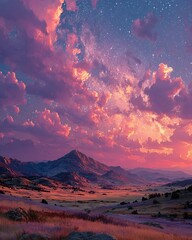 Obraz premium Dramatic Sunset Over Mountain Landscape with Vibrant Clouds and Starry Sky.