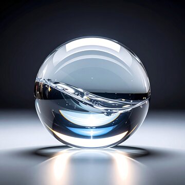 Clear Glass Sphere with Water Wave and Reflection on Dark Background